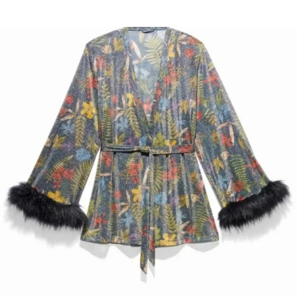 Savage X Fenty Trophy Wife Robe Metallic Island Print Sleeves Faux Fur Size M/L - Picture 16 of 16